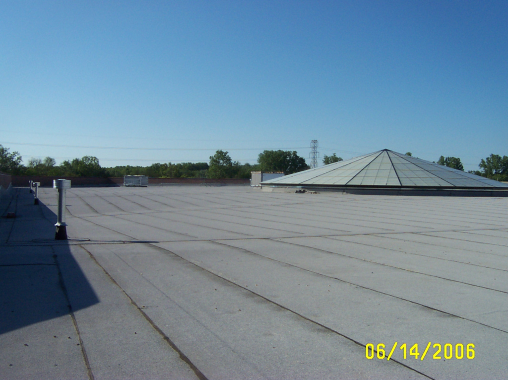 Gray commercial roof with a prominent glass dome.