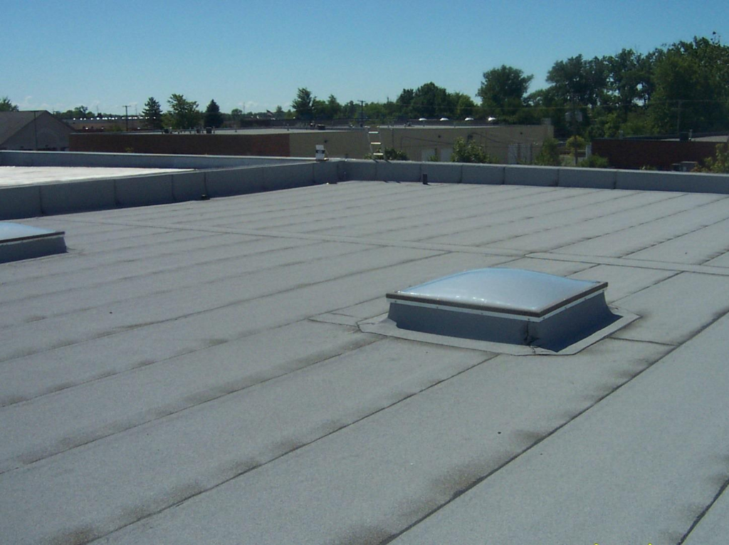 Industrial building with flat gray roof and skylights.