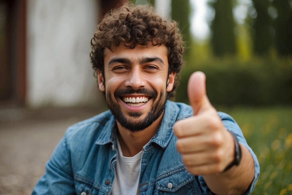 A smiling man with curly hair and a beard in a jean jacket giving a thumbs up gesture.