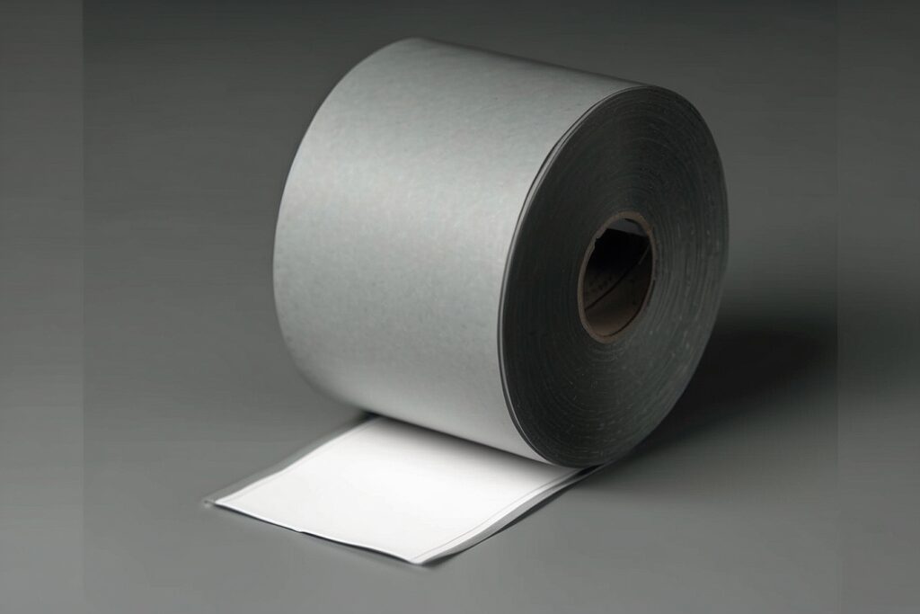 Wide gray tape roll, white underside visible.