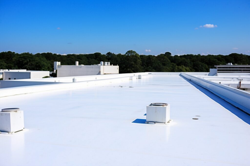 White TPO industrial flat roof with vents, showcasing a sleek and modern white metal roofing system.