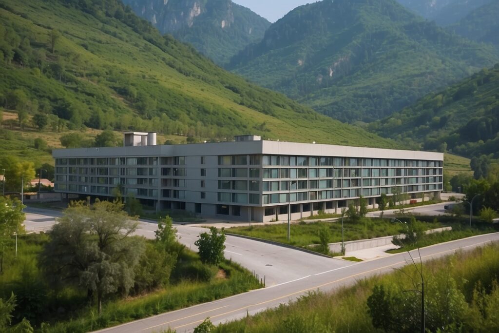 A building nestled in the mountains with a winding road, surrounded by majestic peaks in the background.