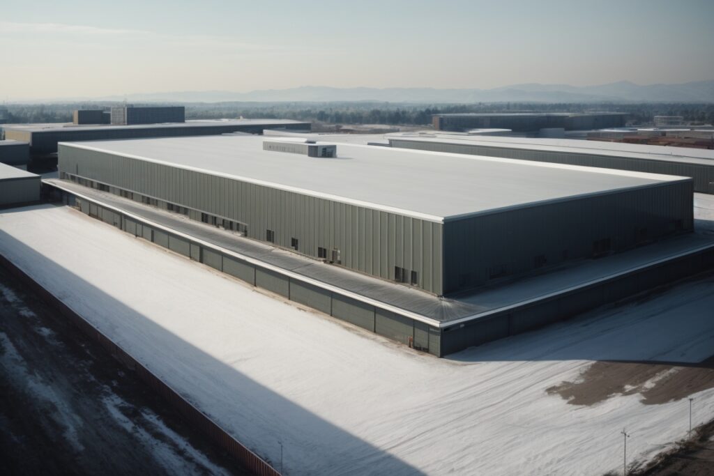 A snow-covered square gray metal industrial building with snow on the ground.