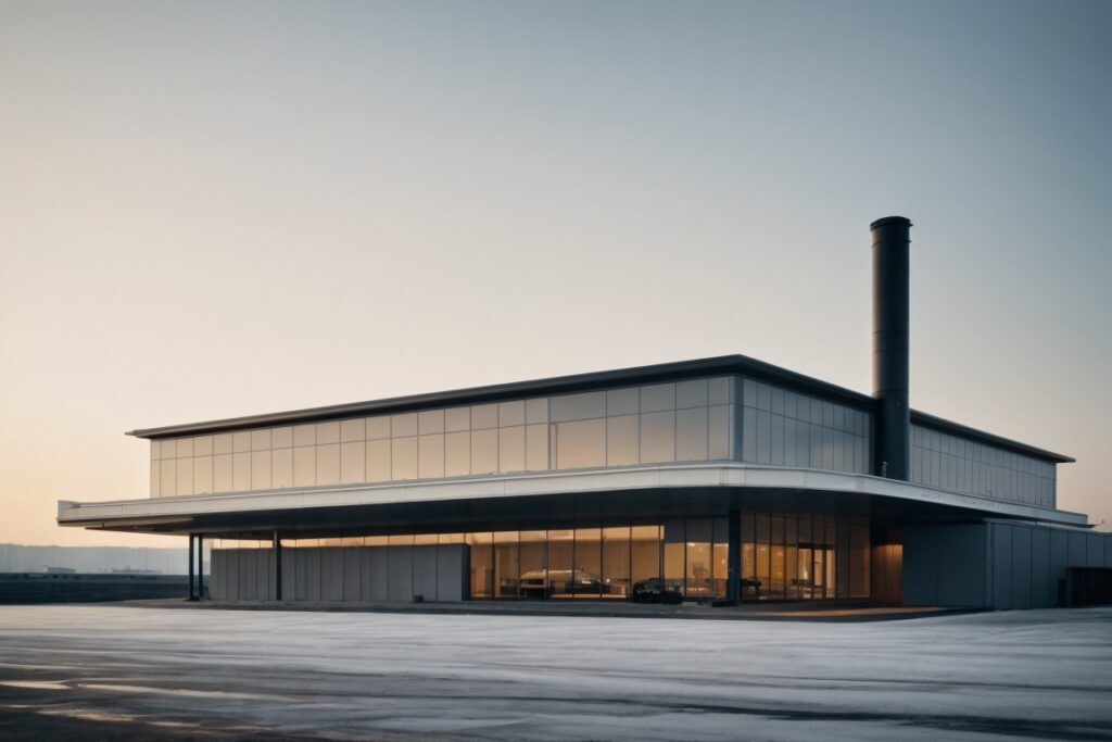 Modern building with chimney and large glass windows.