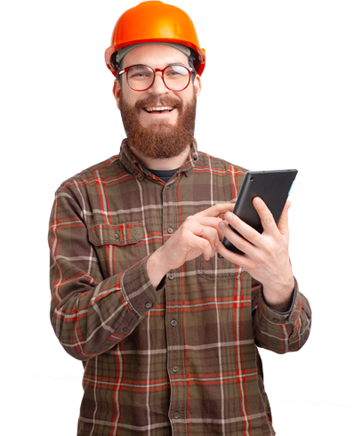 A general contractor in a plaid shirt and hard hat, using a touch screen device for work.