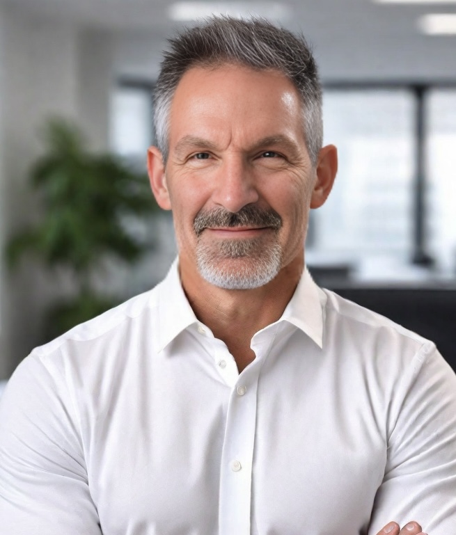 A bearded man wearing a white shirt.